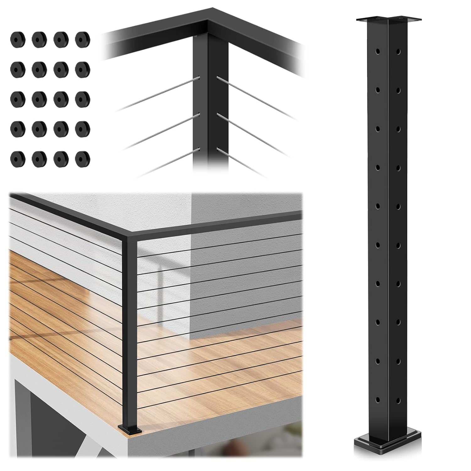 Photo 1 of  Corner Post Cable Railing 36" (35"x2"x2"), 90 Drilled Fixed Top Mount With Flat Cable Grommets, Stainless Steel Handrail, Black Finish Flat Top L-drilled Deck Post 