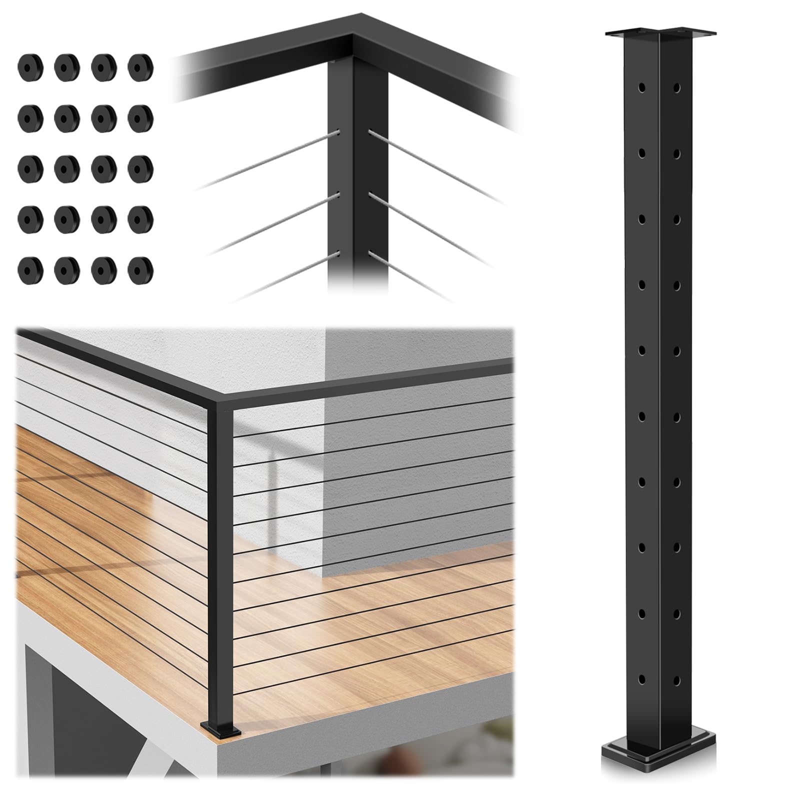 Corner Post Cable Railing 36" (Post 35"x2"x2"), 90° Drilled Fixed Top Mount Corner Post with Cable Grommets, Stainless Steel Handrail Corner Post, Black Finish Flat Top L-drilled Deck Post