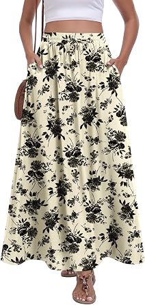 Yincro Womens Maxi Flowy Pleated Skirt Elastic High Waisted Casual Trendy Long Skirts with Pockets