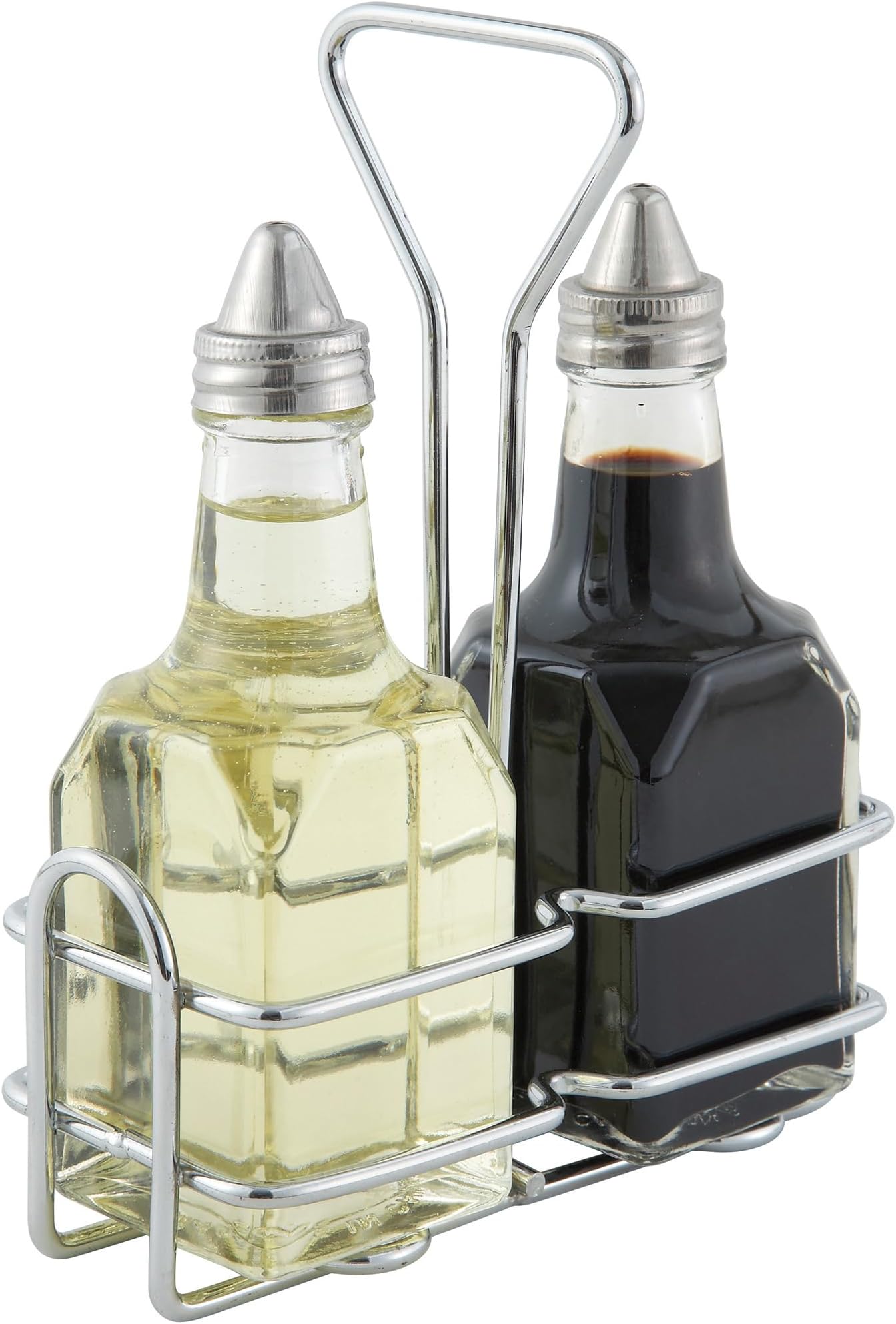 Winco G-104S, 5.4'' x 2.6'' Oil And Vinegar Cruet Set With Stainless Steel Chrome Plated Rack And Two 6 Oz. Square Glass Bottles, Salad Dressing Bottles