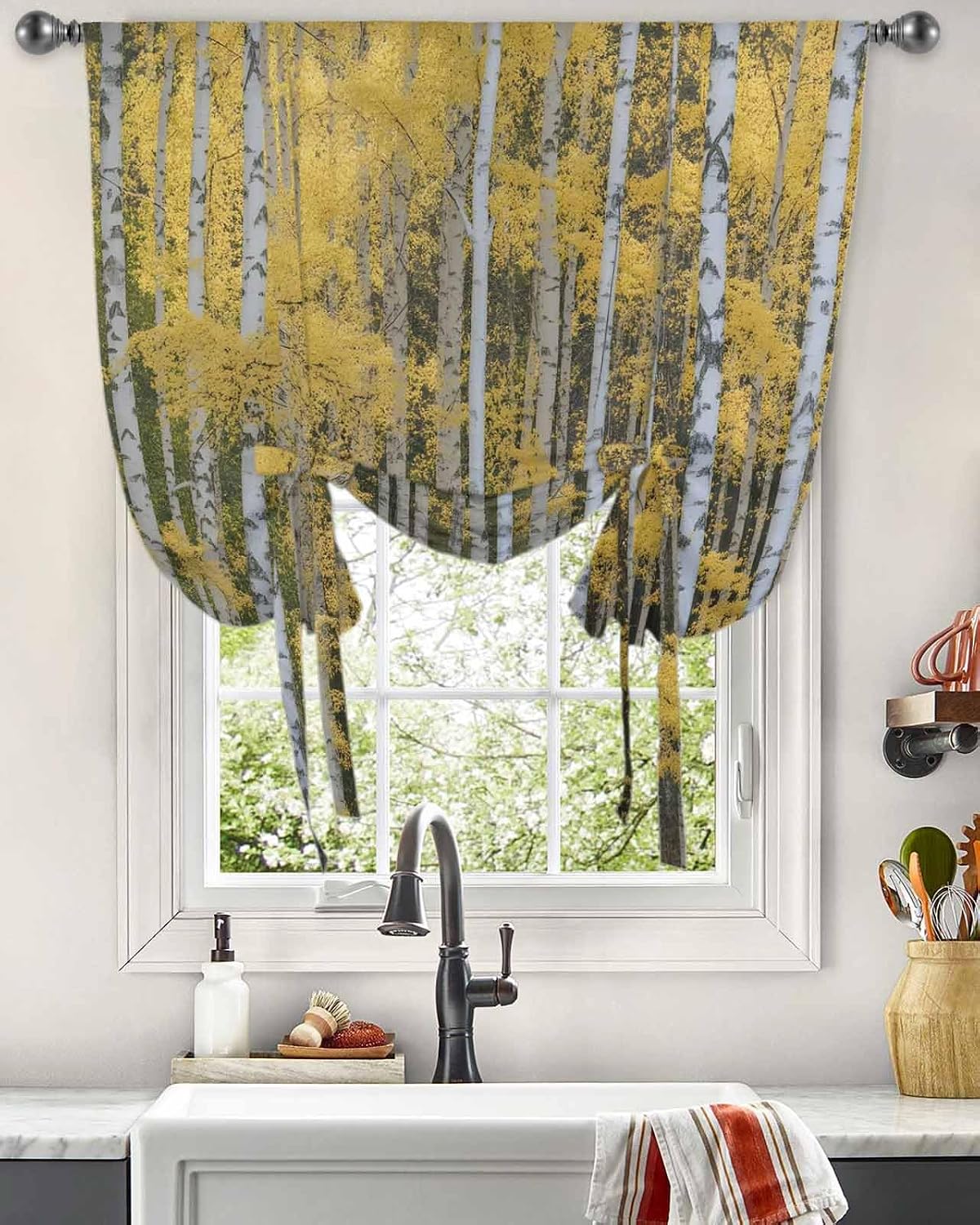 Tie Up Curtains for Windows, Fall Branch Trees Kitchen Curtain Adjustable Balloon Window Shades, Autumn Natural Forest Valance Curtains for Living Room/Bedroom/Cafe 46"x63"