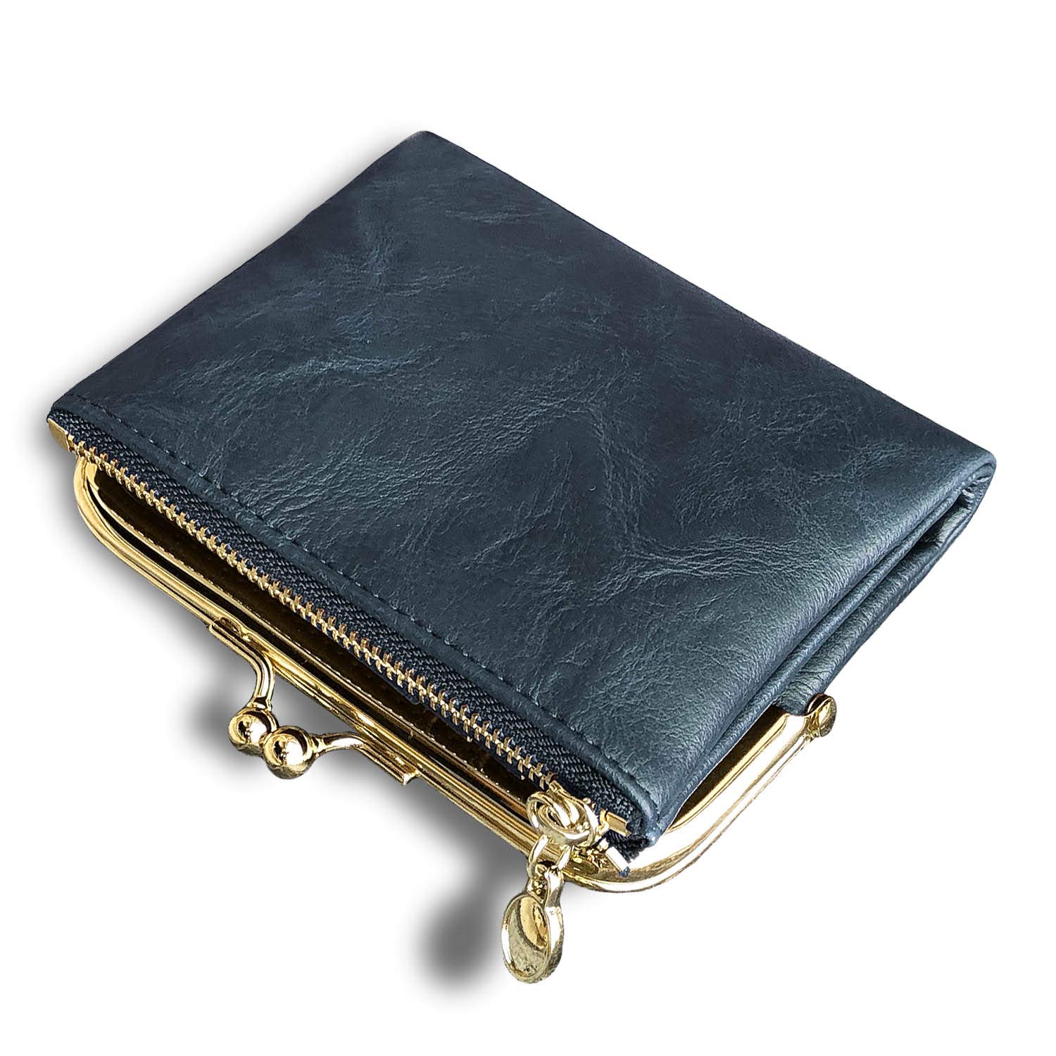 AOXONELWomens Wallet Small Rfid Ladies Compact Bifold Leather Vintage Coin Purse With Zipper and Kiss Lock (Blue)