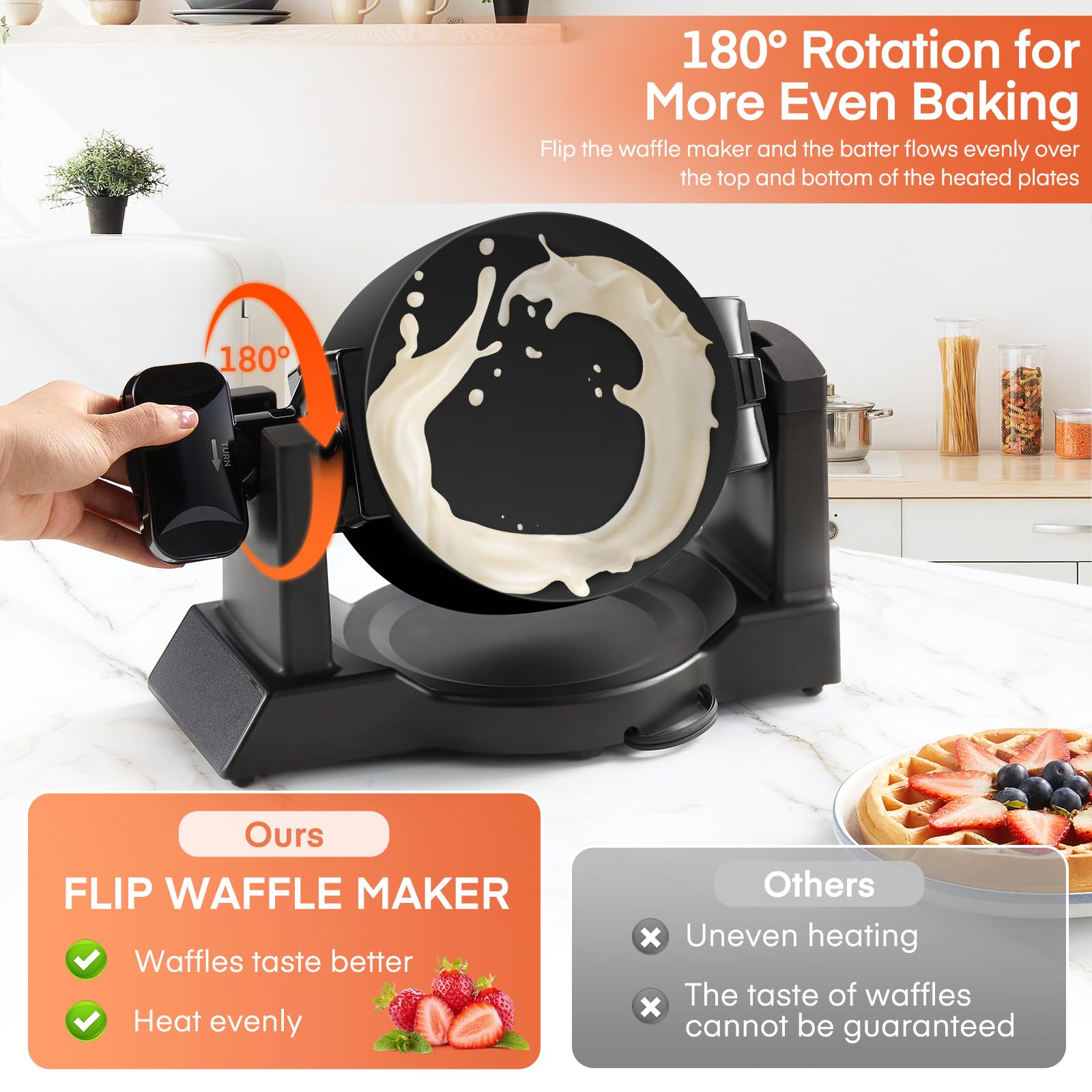 1400W Waffle Maker, Double Belgian Waffle Maker 180°Flip, Waffle Iron 8 Slices, Rotating & Nonstick Plates, Removable Drip Tray for Easy Clean, Locking Buckle & Cool Touch Handle, Black