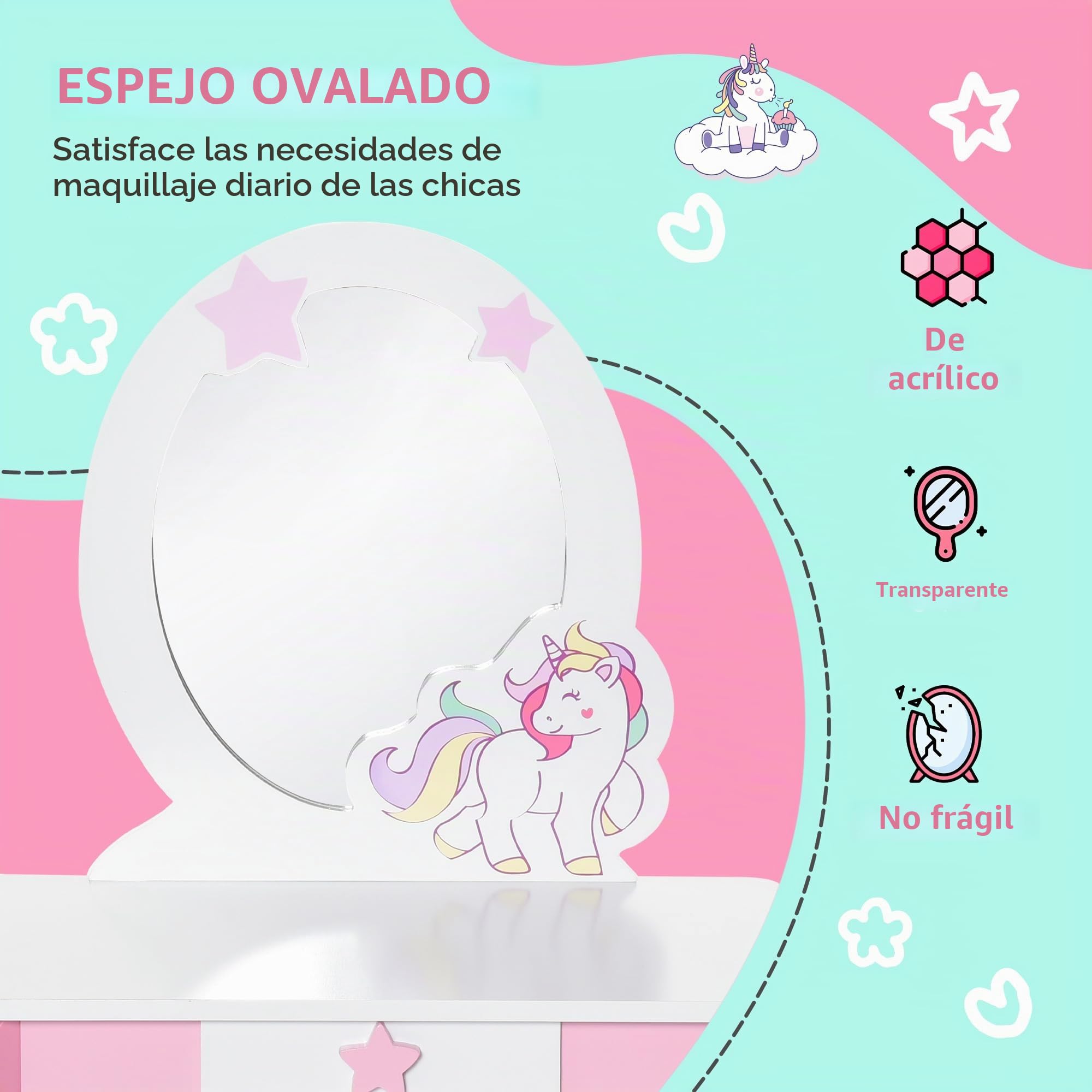 HOMCOM - Tocador infantil con diseño de unicornio, taburete incluido. 49 x 34 x 90 cm – cajón, espejo – MDF – rosa blanco