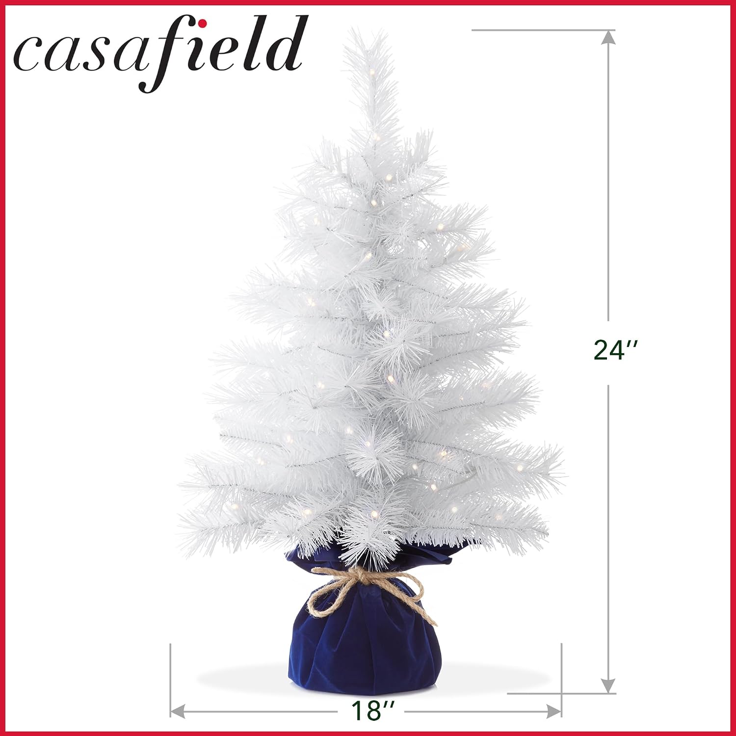 Casafield 2FT Pre-Lit Artificial Mini Christmas Tree, White Tabletop Holiday Tree with White Lights and Velvet Bag Base