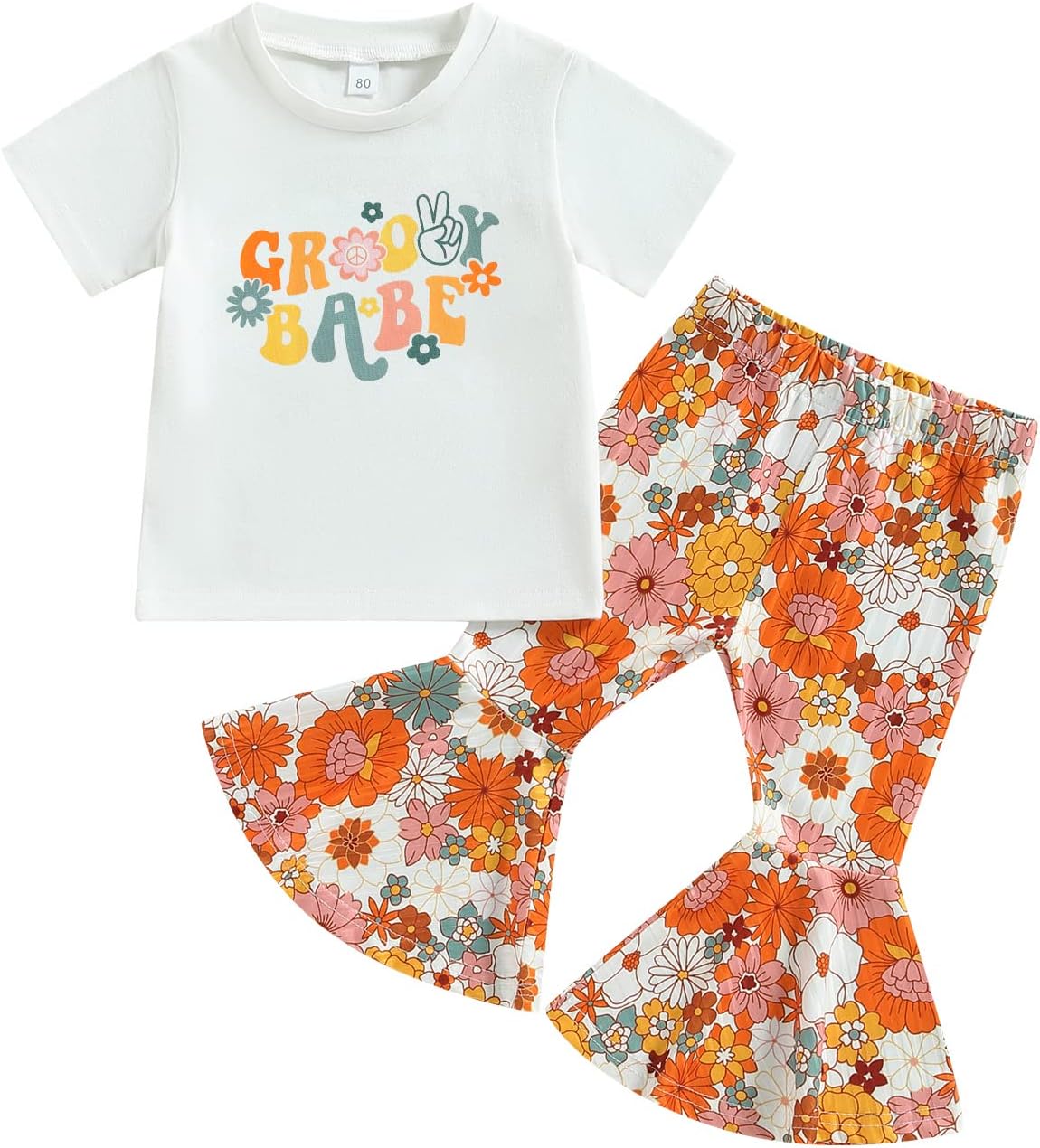 Lamuusaa Toddler Baby Girl Bell Bottom Outfit Short Sleeve Letter Print T-shirt Flower Flared Pants Birthday Summer Clothes