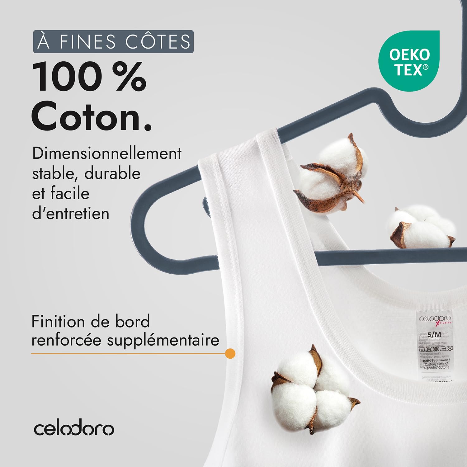 Original Celo Doro Exclusive Lot de 5 débardeurs blancs – maillot de corps pour côtes fines (lisse) – veste de sport – 100% coton – meilleurs standards qualité – pré-rétréci