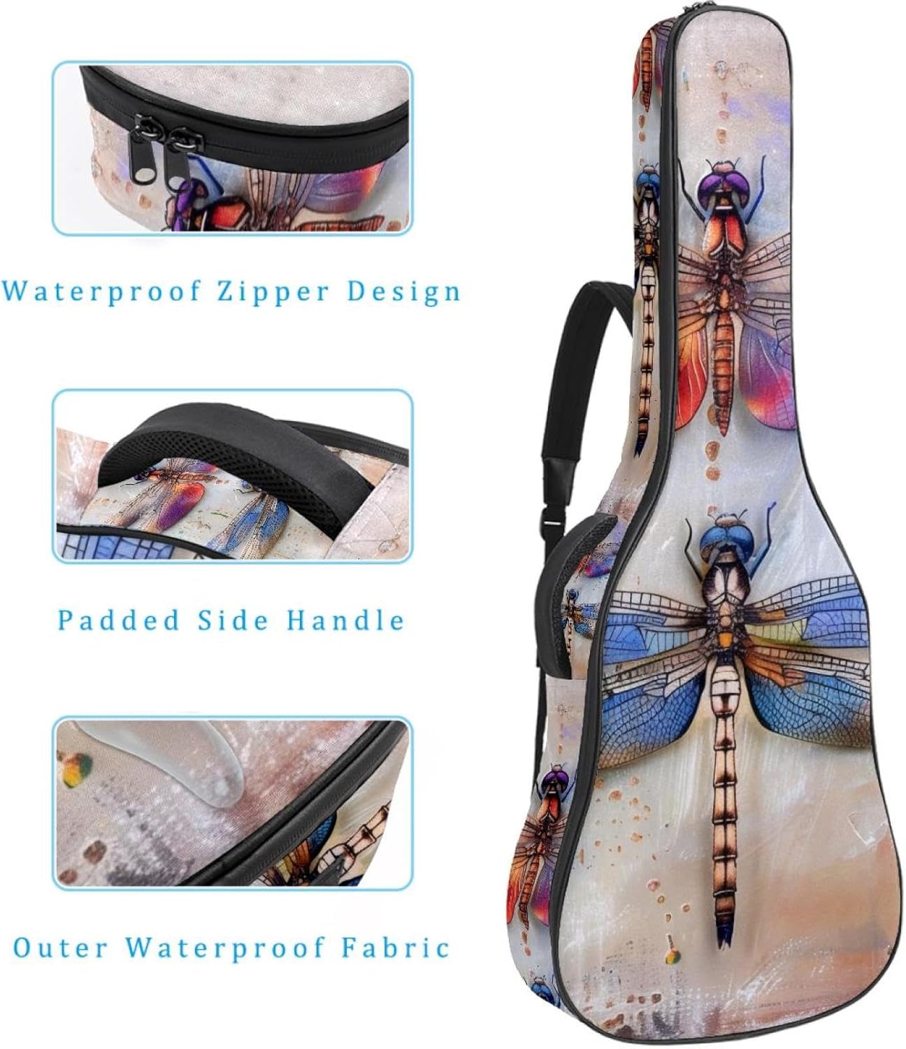 Acoustic Guitar Bag, 40 41 42 Inch Guitar Case Cover Soft Guitar Gig Bag for Acoustic Electric Bass Classical Guitar, Dragonflies on Wooden Background