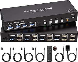 ATLAHET 4 Port Dual Monitor HDMI KVM Switch 4 Computers 2 Monitors 8K 60Hz 4K 120Hz KVM Switches for Four PC Share Four USB 3.0 Devices Support Copy and Extend Mode 23CM Longth