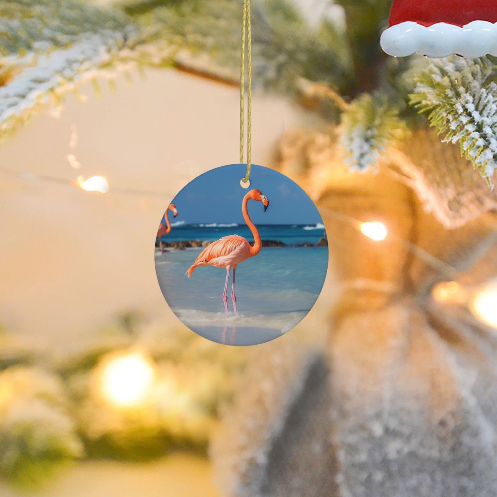 Christmas Ornaments for Christmas Tree Decoration Ceramic Hanging Beach Flamingo Ornament with Gold Ribbon Crafts Round Pendant for Keepsake Gifts Glass Xmas Decor Party Supplies