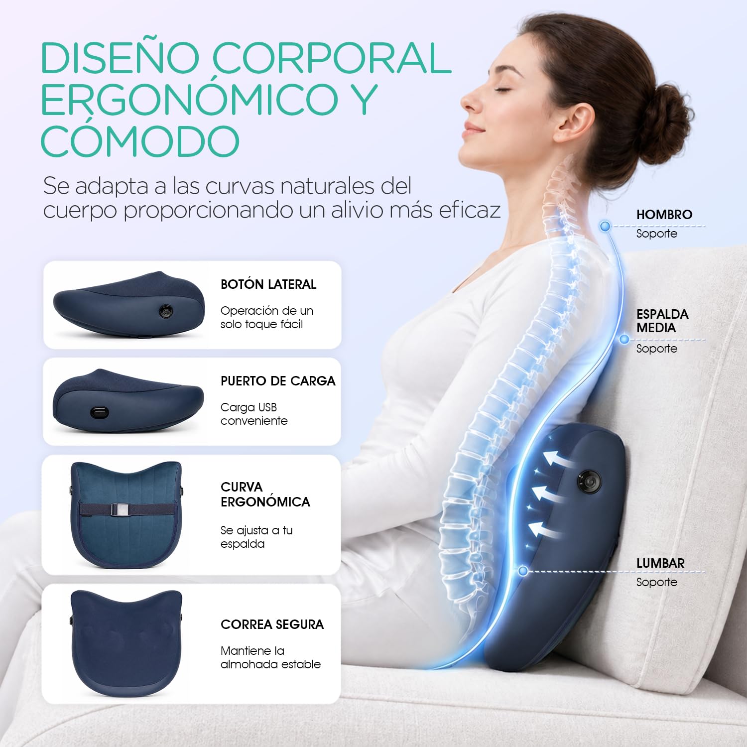 Cojín Masajeador Shiatsu Inalámbrico, Masajeador Cervical y Espalda Recargable para Alivio de Dolor y Relajación,Masaje Profundo con Funcionamiento Silencioso,Regalo Reflexivo YZ300(Azul)
