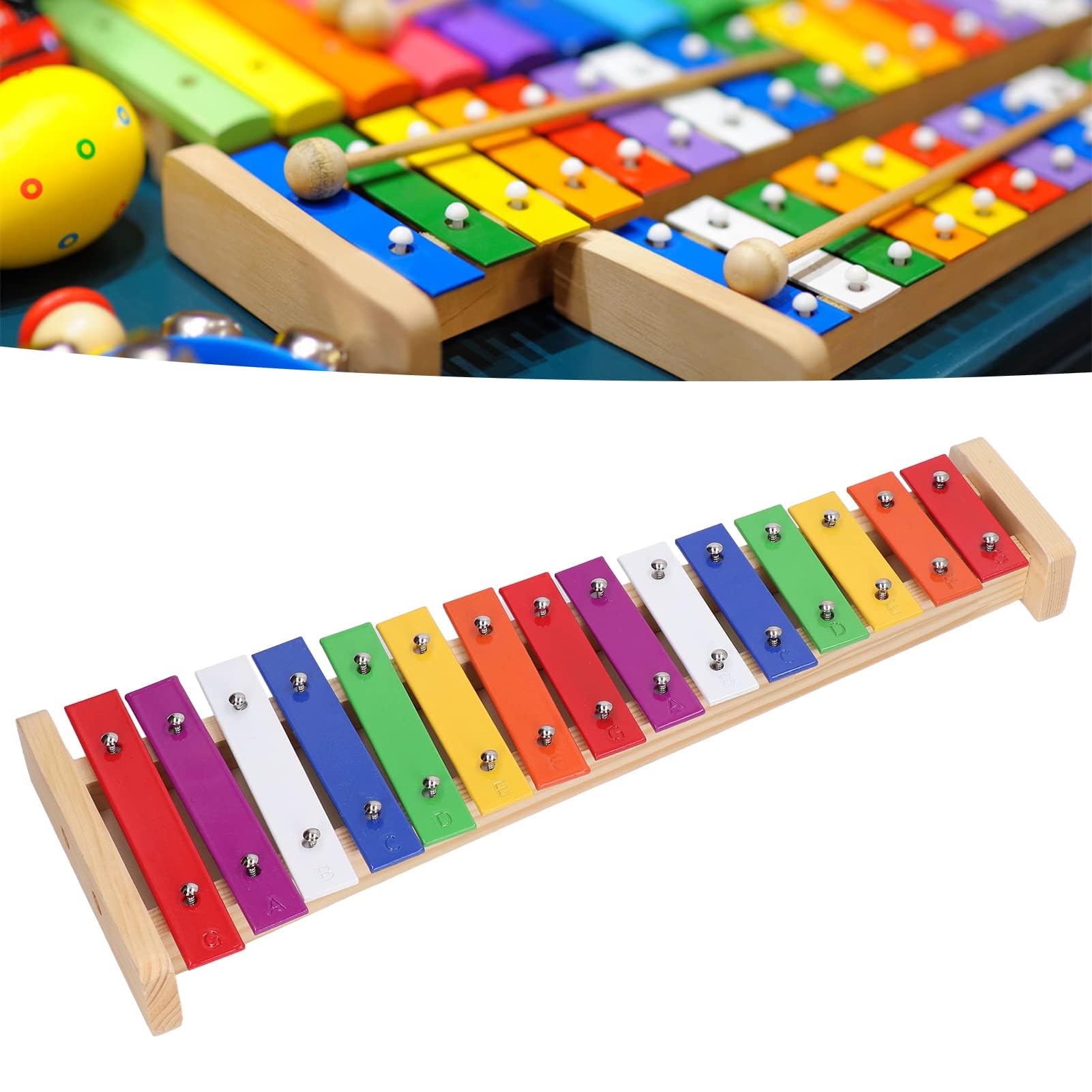 Xilófono 15 notas, Xilófono con 2 Mazos para Niños Instrumento Musical Educativo Glockenspiel de Aluminio y Pino Juguete Adecuado a Partir de 3 Años