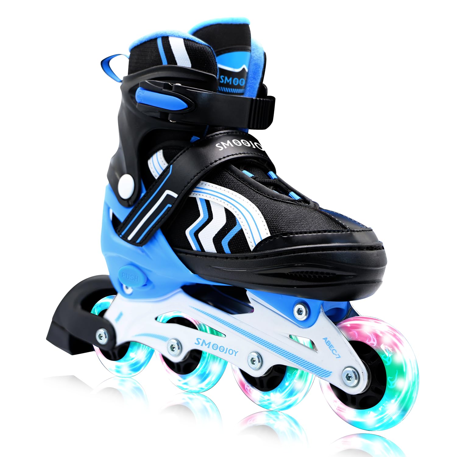 SMOOJOY Inline Skates for Kids Light-Up Wheels Aluminum Frame Black Blue Blade Skate for Boys and Girls S, M, L Sizes, Ages 6-12, Perfect for Beginners Indoors and Outdoors
