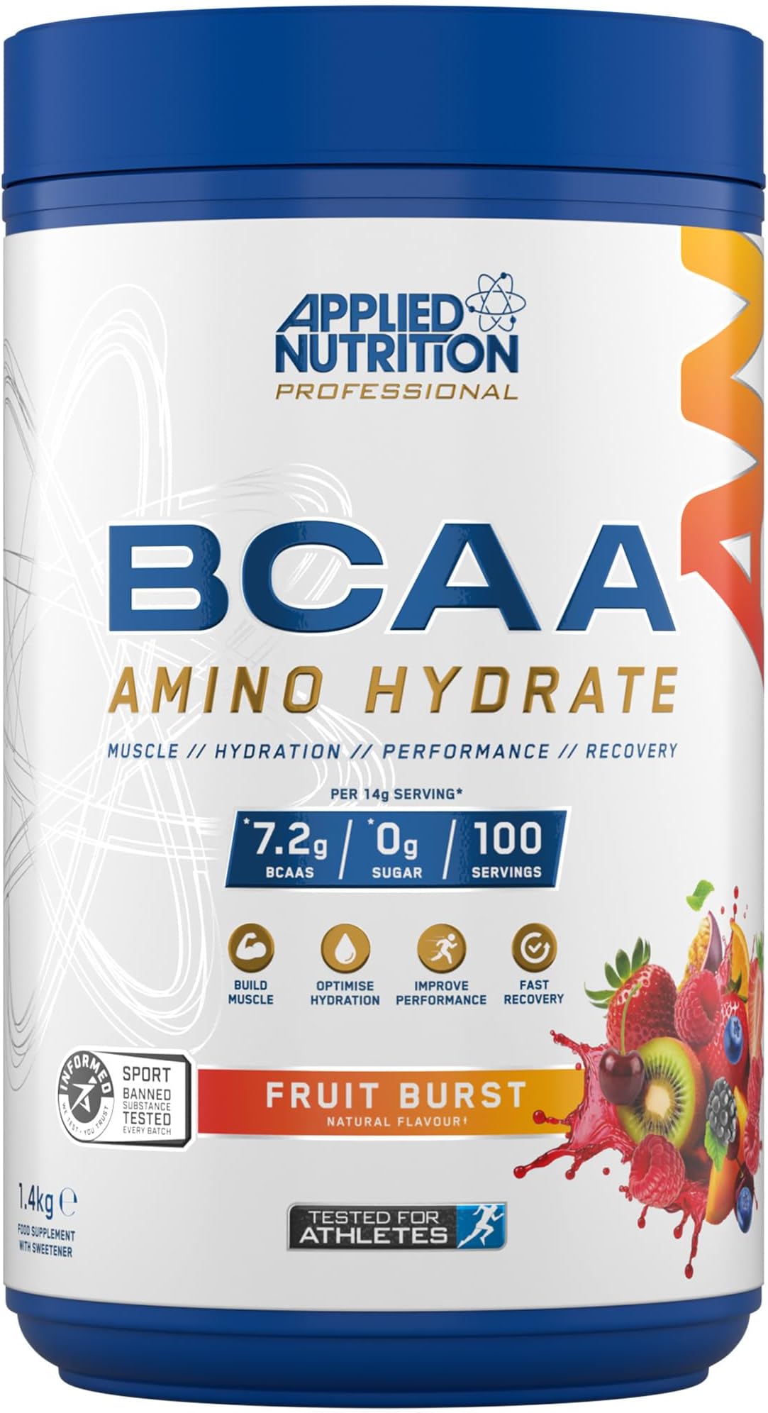 BCAA Powder - Branched Chain Amino Acids BCAAs Supplement, Amino Hydrate Intra Workout & Recovery Energy Drink (1.4kg - 100 Servings) (Fruit Burst)