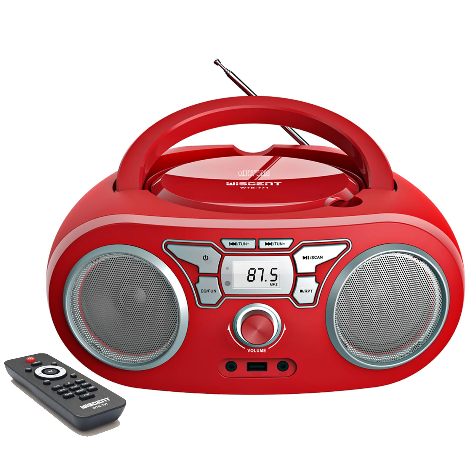 Radio CD Reproductor de CD portátil CD MP3 con Bluetooth, USB, Radio FM, Entrada Auxiliar,Sistema estéreo CD Boom Box