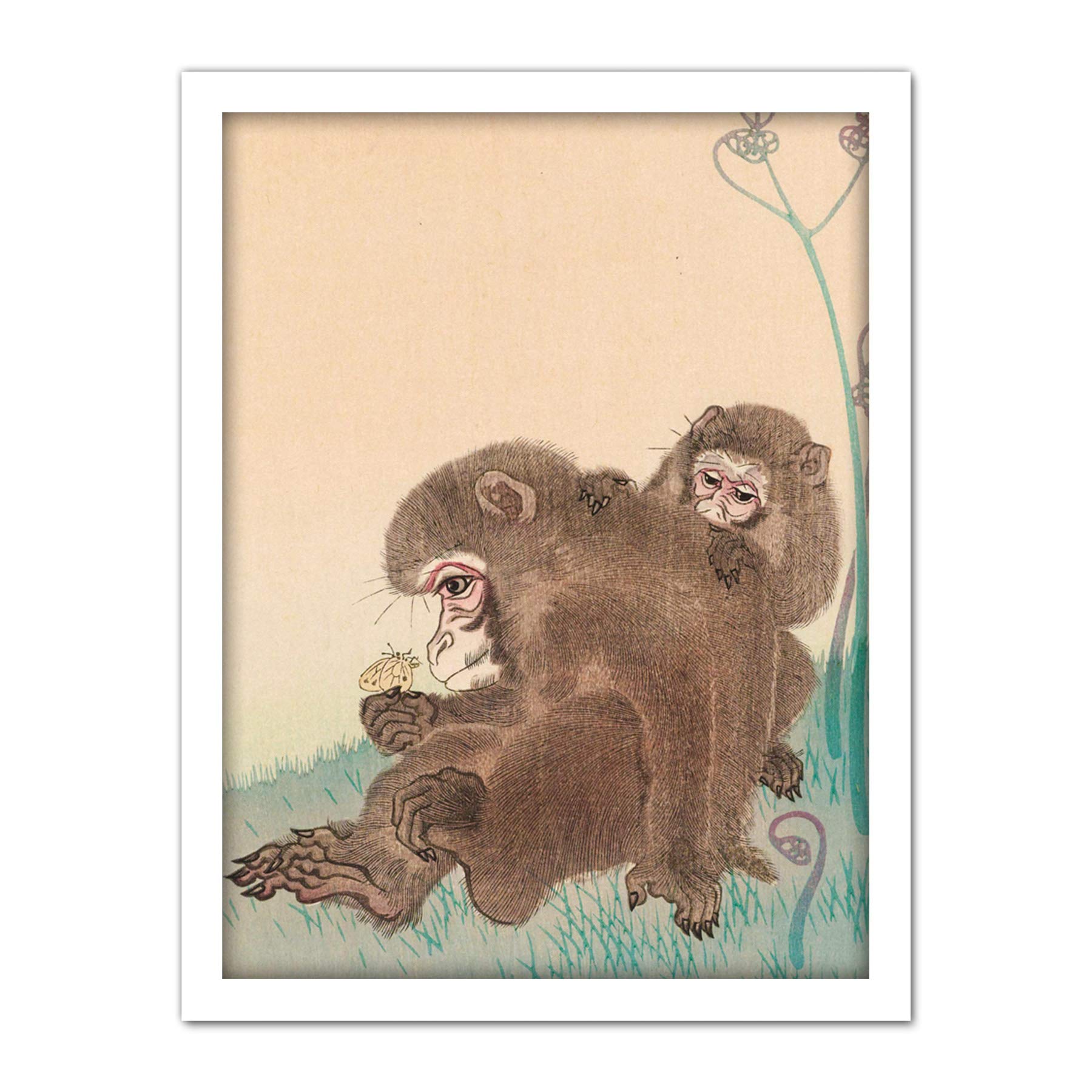Artery8 Ohara Koson Two Monkeys With Butterfly Painting Artwork Framed Wall Art Print 18X24 Inch