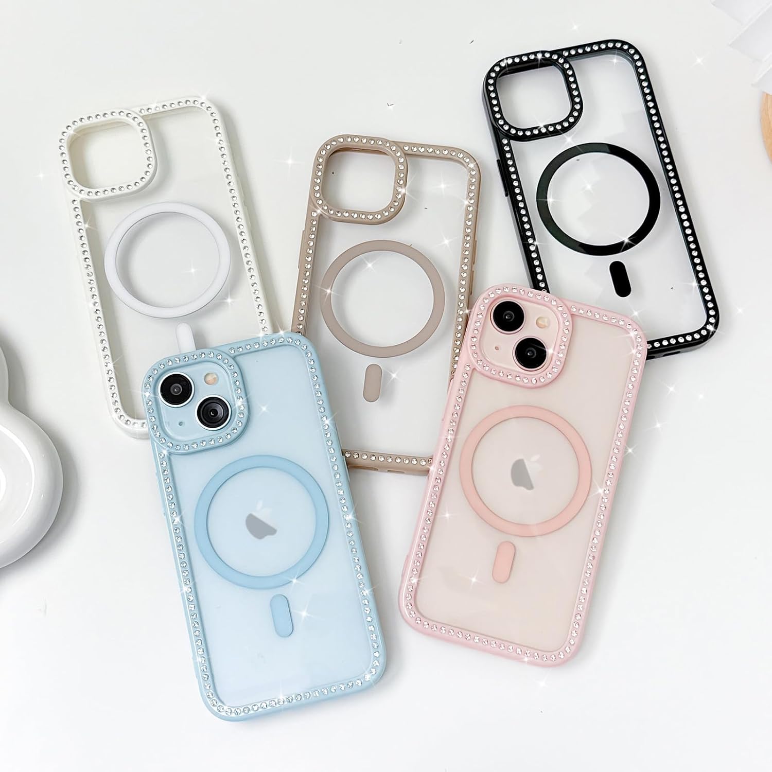 LCHULLE for iPhone 15 Case, Magnetic Clear Glitter Diamond Rhinestones for Women Girls Compatible with MagSafe Shiny Sparkle Soft TPU Bumper Slim Shockproof Phone Case for iPhone 15, White - Image 7