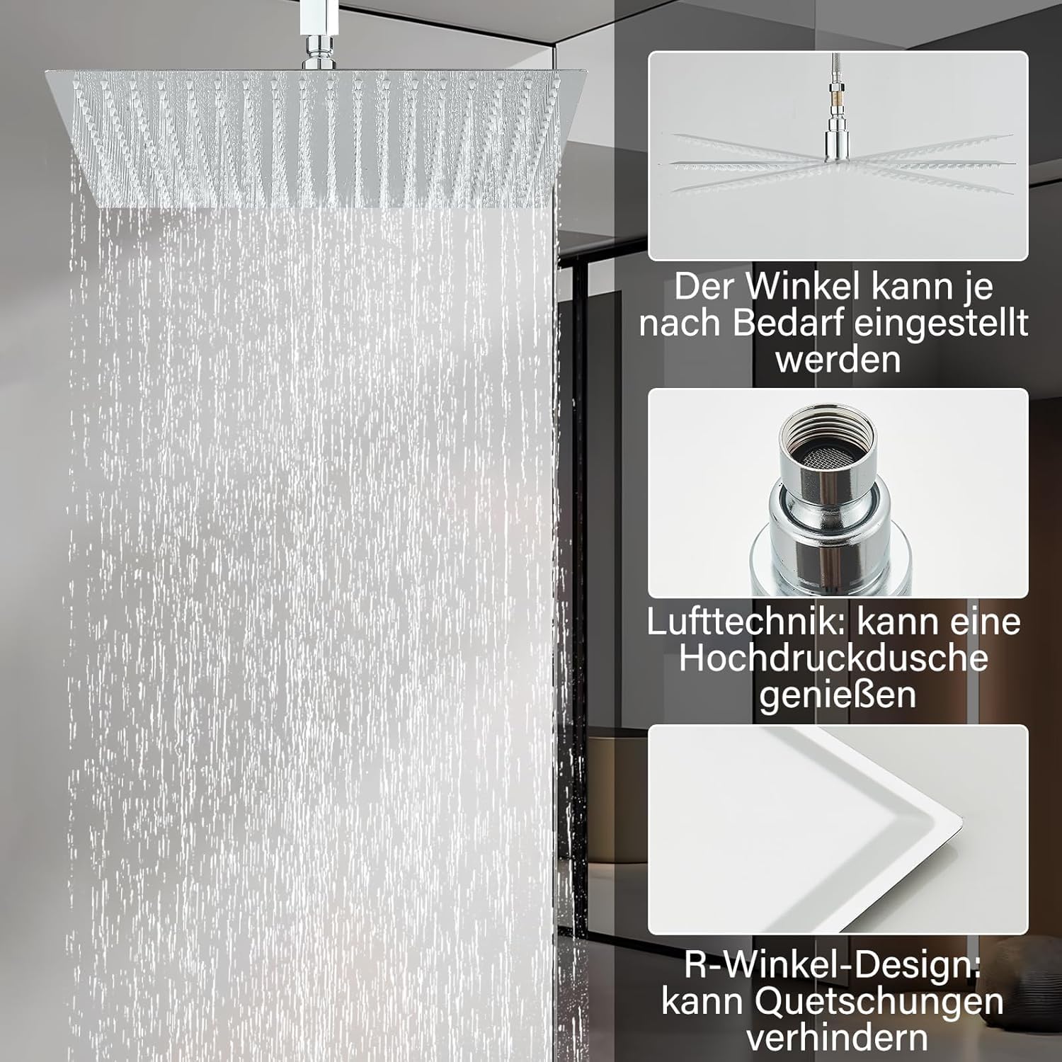 Suguword 40 x 40 cm Grande Soffione Doccia a Pioggia Quadrato in Acciaio Inossidabile con Ugelli Autopulenti Anti-Calcare, Soffione a Soffitto ad Alta Pressione per Esperienza Doccia di Lusso (Classe