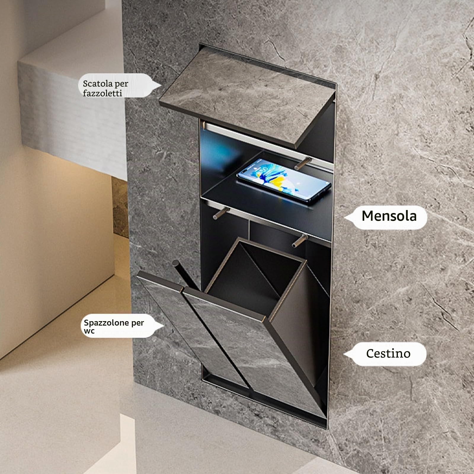 Portarotolo di carta igienica a incasso con cestino/portascopino, nicchia da parete per bagno 4 in 1 piastrellabile in acciaio inox 304, nicchia doccia a incasso