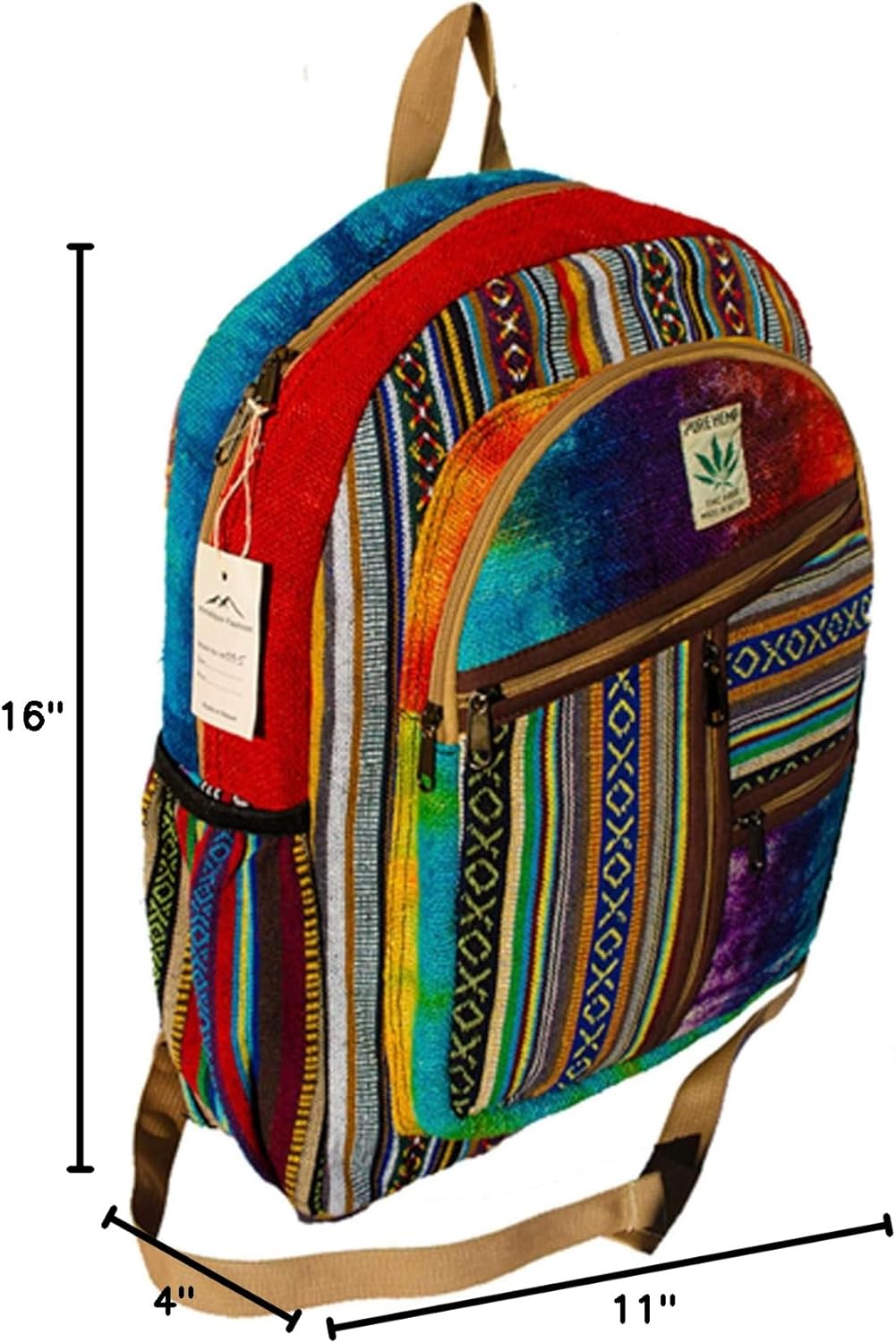 Hemp Backpack | 100% Pure Hemp - All Natural Handmade Multi Pocket Large Laptop Backpack | Travel Backpack - for Women and Men | Laptop Sleeve -Water Bottle Pockets | Boho Hippie - Rainbow