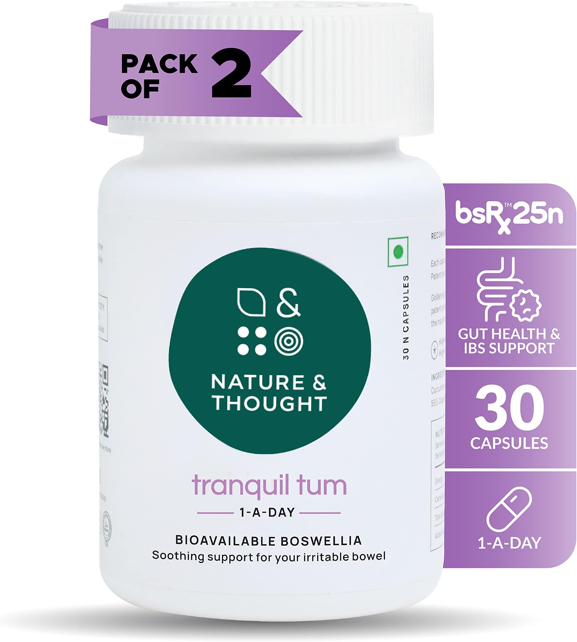 Boswellia Serrata (Shallaki) Capsules Gut Health supplement, IBS Support, Anti-Inflammatory with bsRx®, Clinically Tested Veg Tranquil Tum 1 A Day dose (30) (Pack of 2)