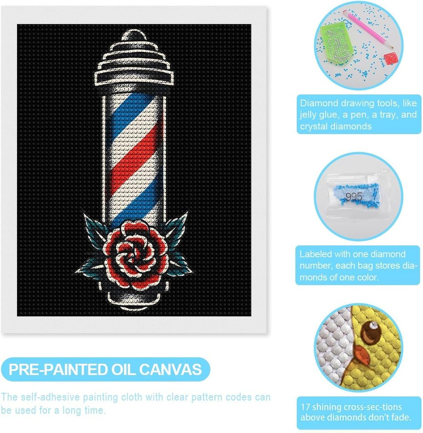 Barber Pole and Rose Classic Diamond Art Kits for Adults Round Drill Crafts Hanging Wall Decor