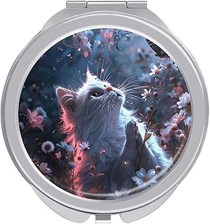 White Cat in Flowers Makeup Mirror Small Port...