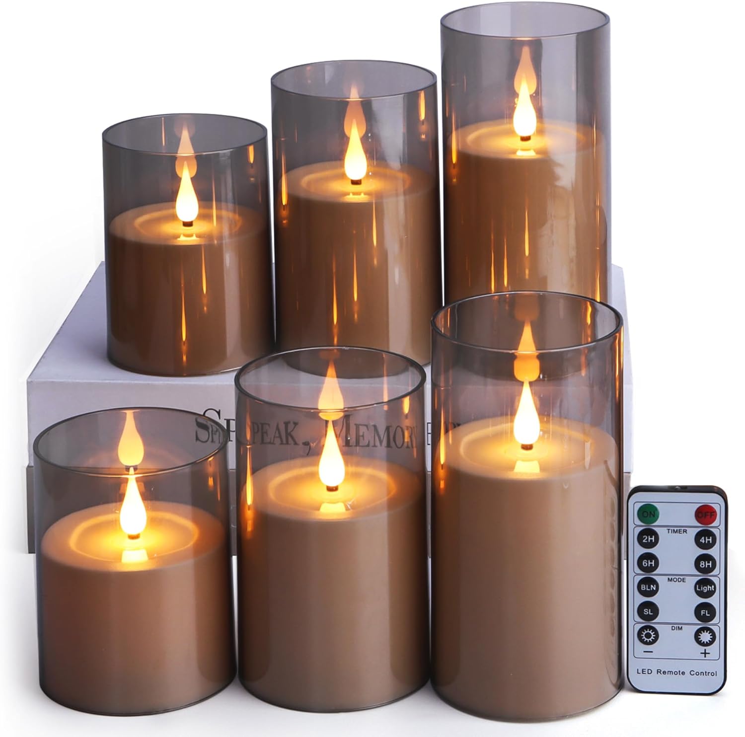 6pcs Flameless Candles Gray Acrylic with Remote Control and Timer, Battery Operated LED Pillar Candles Flickering Warm White Light (D: 3.15" x H: 4" 5" 6")