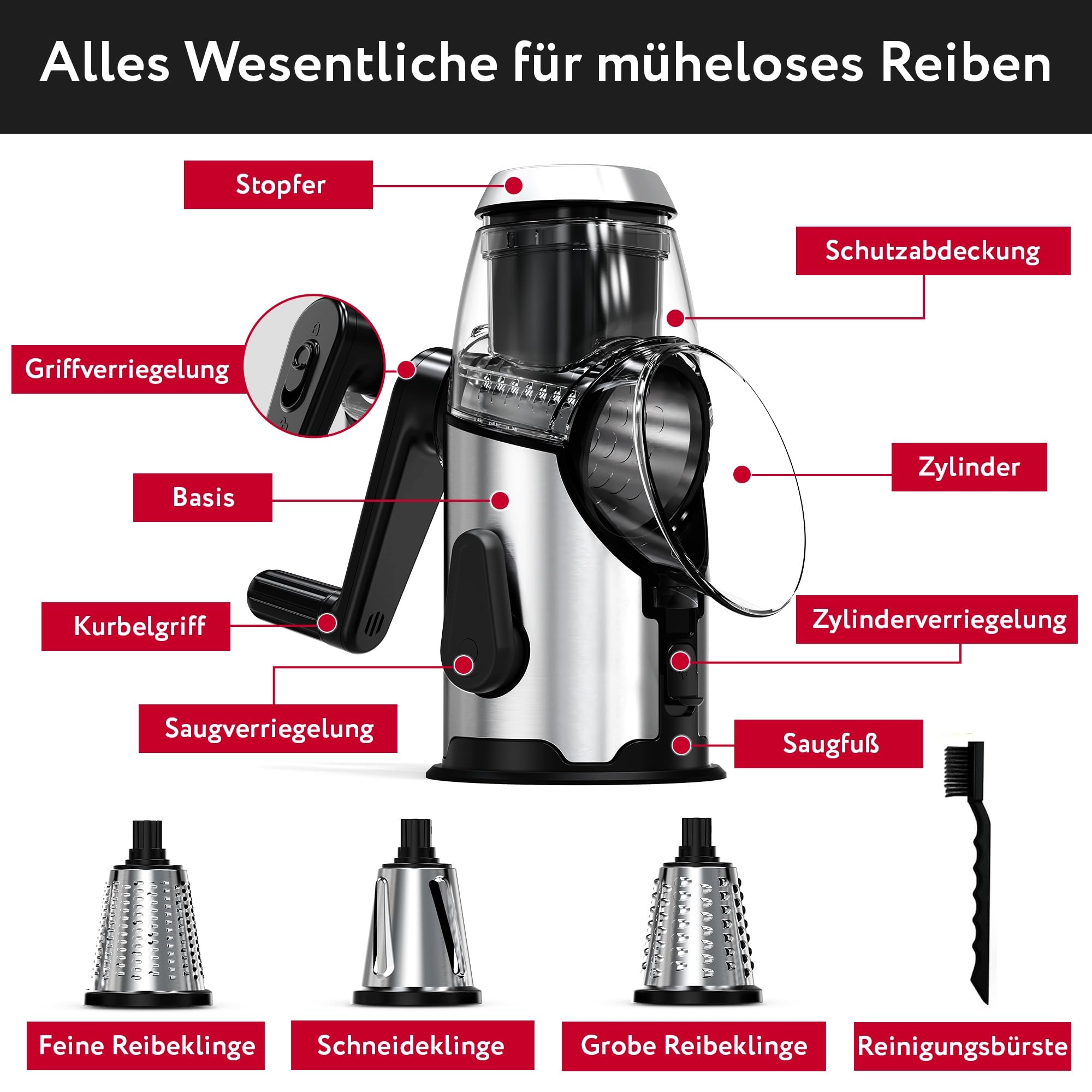 Rotary Käsereibe mit Kurbel - Schnelles und Einfaches Schneiden Edelstahl Gemüsehobel mit 3 austauschbare Trommelklingen - Rutschfeste Basis - Küchenreibe für Gemüse Käse Nüsse Karotten Kartoffeln