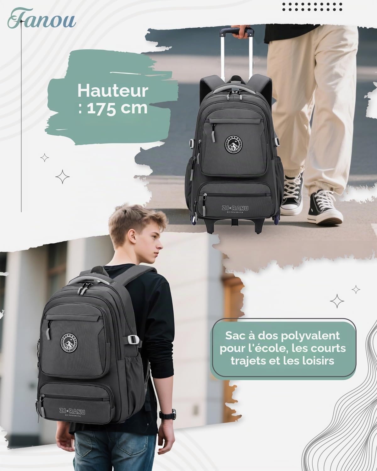 Tanou Cartable a Roulettes pour Garçons, Sac à Dos Scolaire avec 6 Roues | 30L, Imperméable Trolley Daypack Adolescents Décontracté pour le Collège et le Lycée, Gris