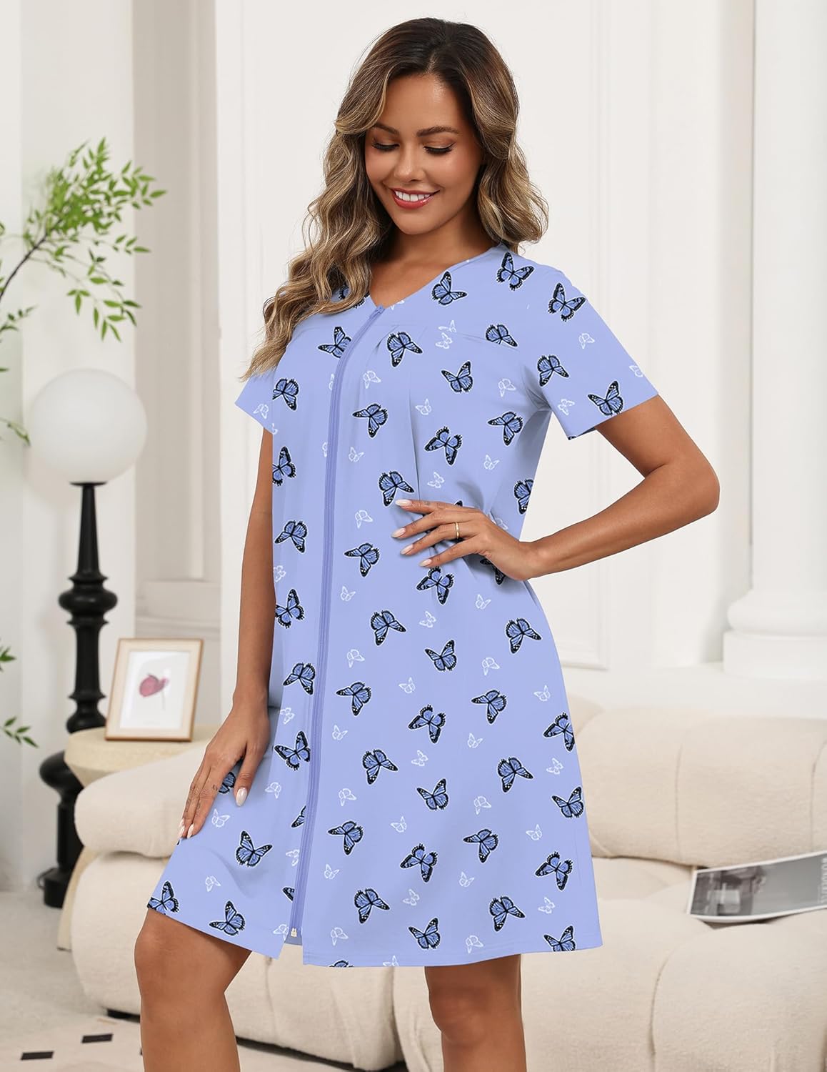 Ekouaer Zipper Robes for Women Short Knit Bathrobes Lightweight Knee Length Housecoat with Pockets Nightgown S-3XL - Image 5