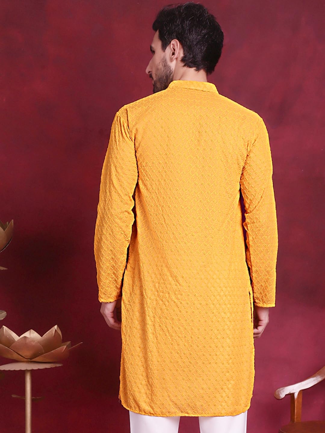 Jompers Chikankari Pure Cotton Kurtas For Men (Mustard, M)