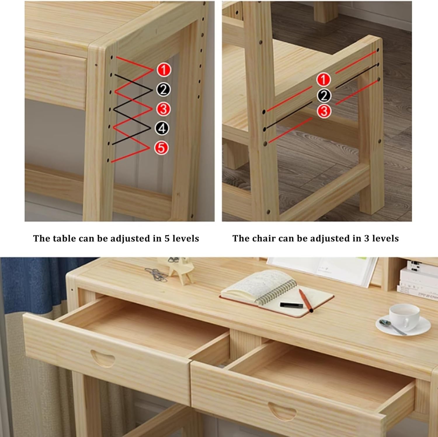 Children's Study Table and Chair Set Student Reading Writing Painting Table Home Office Desk with Bookshelf Pine Wood Material No Paint(100x50x75cm)