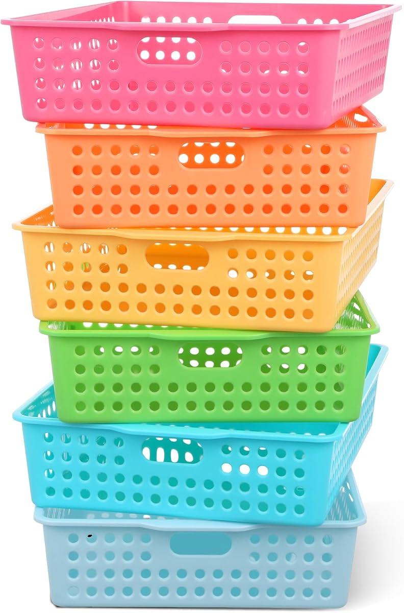 6 Pack Plastic Turn in Paper Trays for Classroom Storage Bin Basket 4A Paper File Tray Holds for School Teacher Supplies Classroom Office Home Organization and Storage(Dark Macarons)