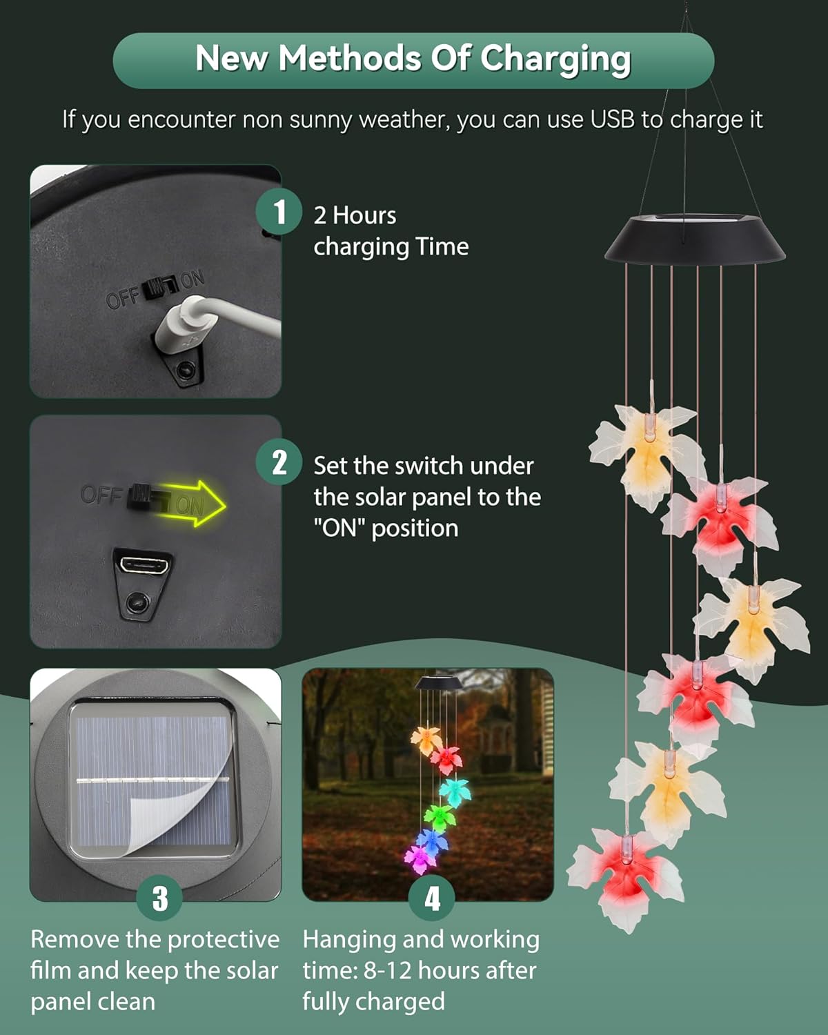 DOUBLEZHE Solar Wind Chimes, Color Changing Maple Leaf Wind Chimes for Outside, Birthday Gifts for Women Mom Grandma, Waterproof Outdoor LED Decoration Mobile Lights for Garden Patio Yard Party Decor - Image 4