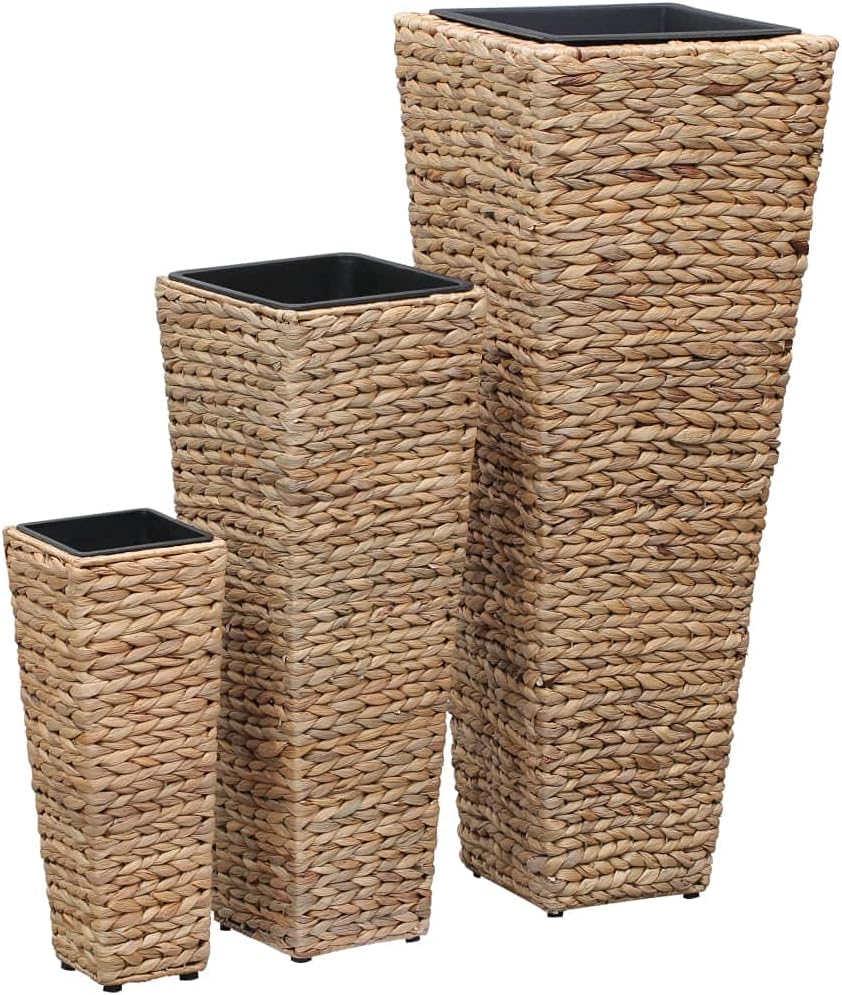 Raised Garden Bed Planter, Brown Water Hyacinth & Steel Frame, Indoor Square Plant Pot Set, 11.8x11.8x31.5 Inch, Rustic Decor for Living Room