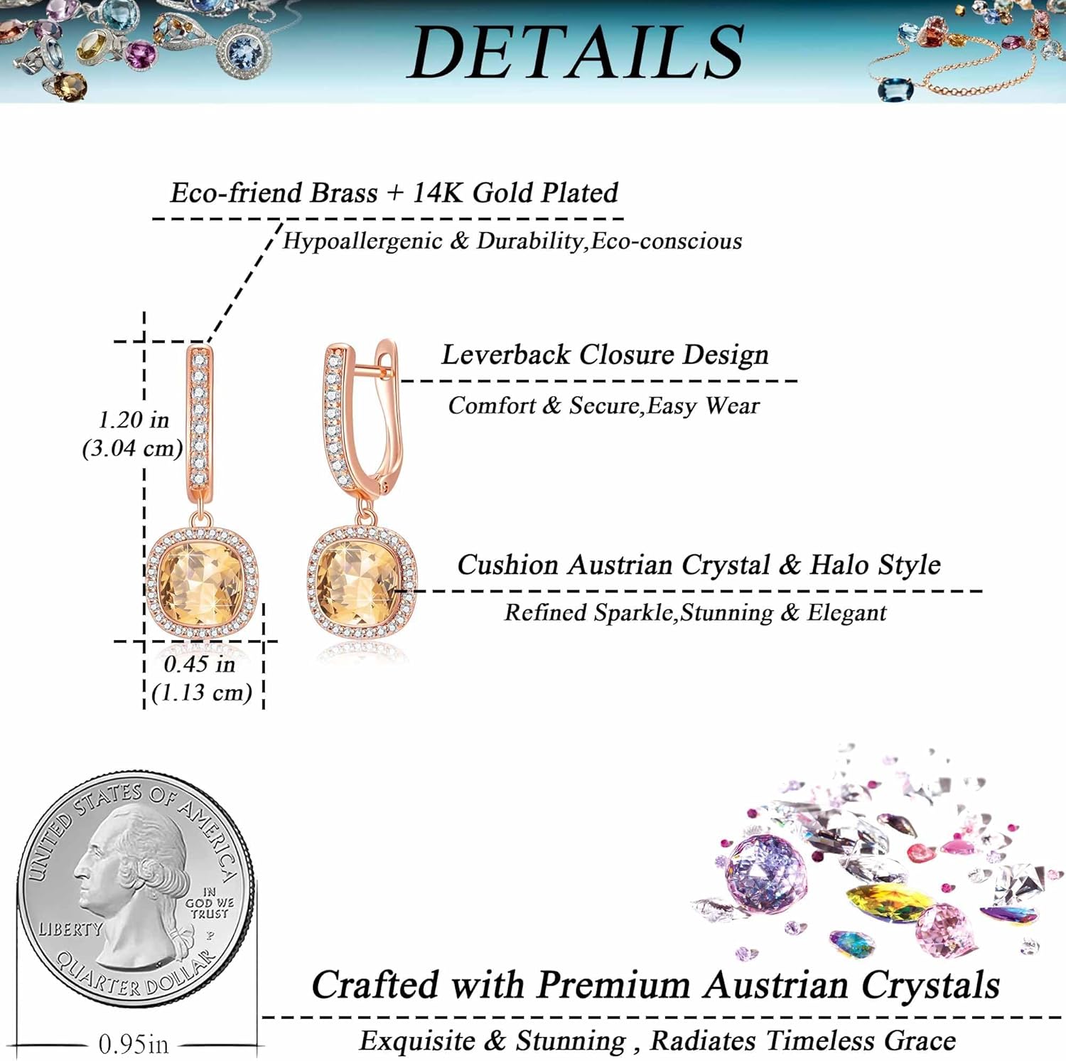 EVEVIC Austrian Crystal Leverback Square Cushion Halo Dangle Huggie Earrings for Women 14K Gold Plated Hypoallergenic Jewelry Gift - Image 4