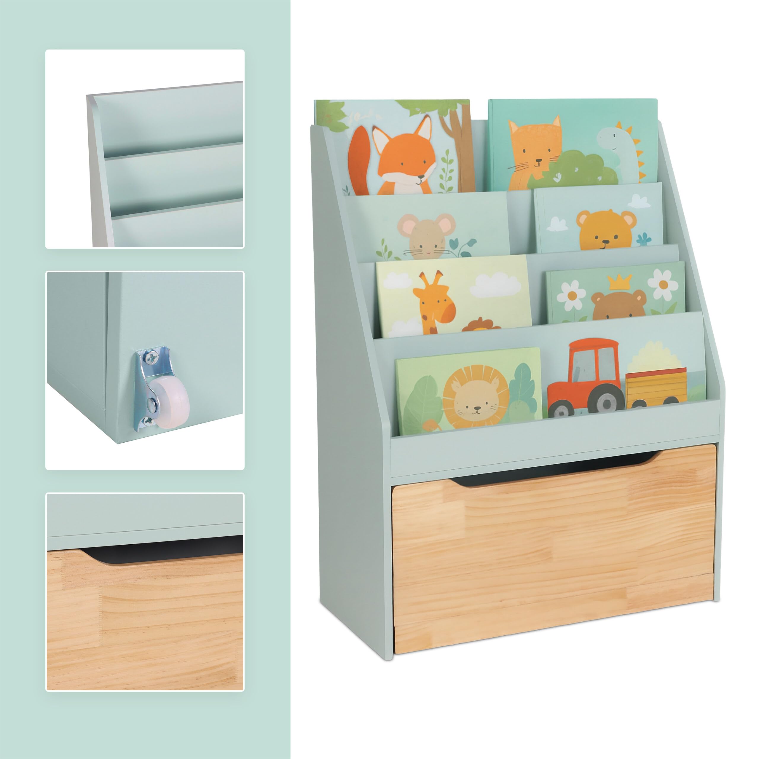 Estantería Relaxdays para niños, 80 x 60 x 30 cm, 4 estantes, Caja de Juguetes con Ruedas, Turquesa/Natural