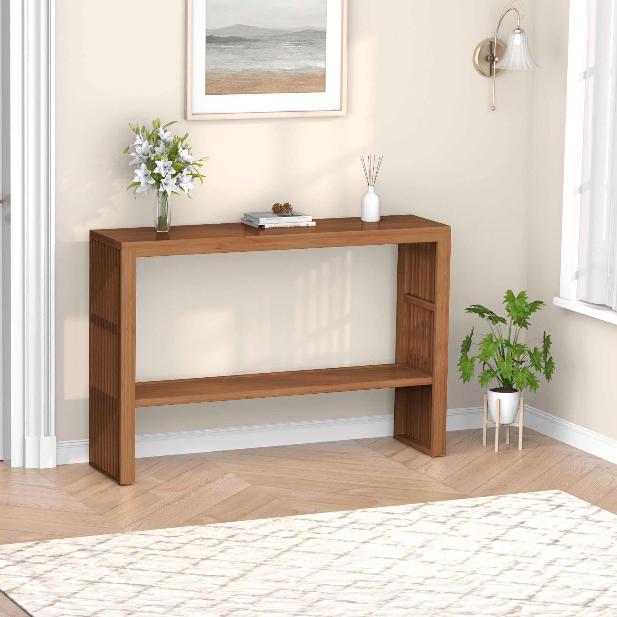 bamboo wood entryway table 47.2" console table, 2-tier farmhouse narrow sofa table with grille-inspired sides easy assembly for entrance, hallway, living room, bedroom, foyer(walnut)