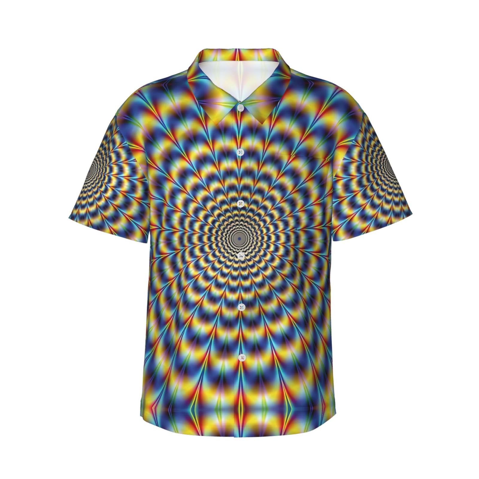 Spiral Optical Illusion GIF Button Down Shirt Men Print Pocket Lapel Hawaiian Casual Loose Short Sleeve Shirt,Vacation Shirts Black