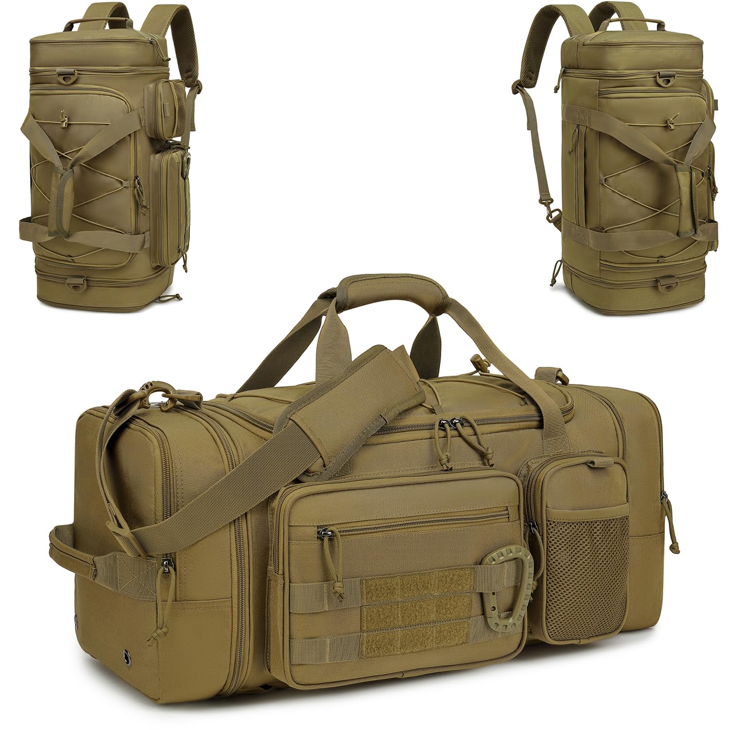 Sac de Sport Tactique pour Homme 40-45L Extensible Sac Fitness avec Bretelles et Compartiment à Chaussures 3 en 1 Sac de Voyage Militaire pour Natation Gym Camping Marron