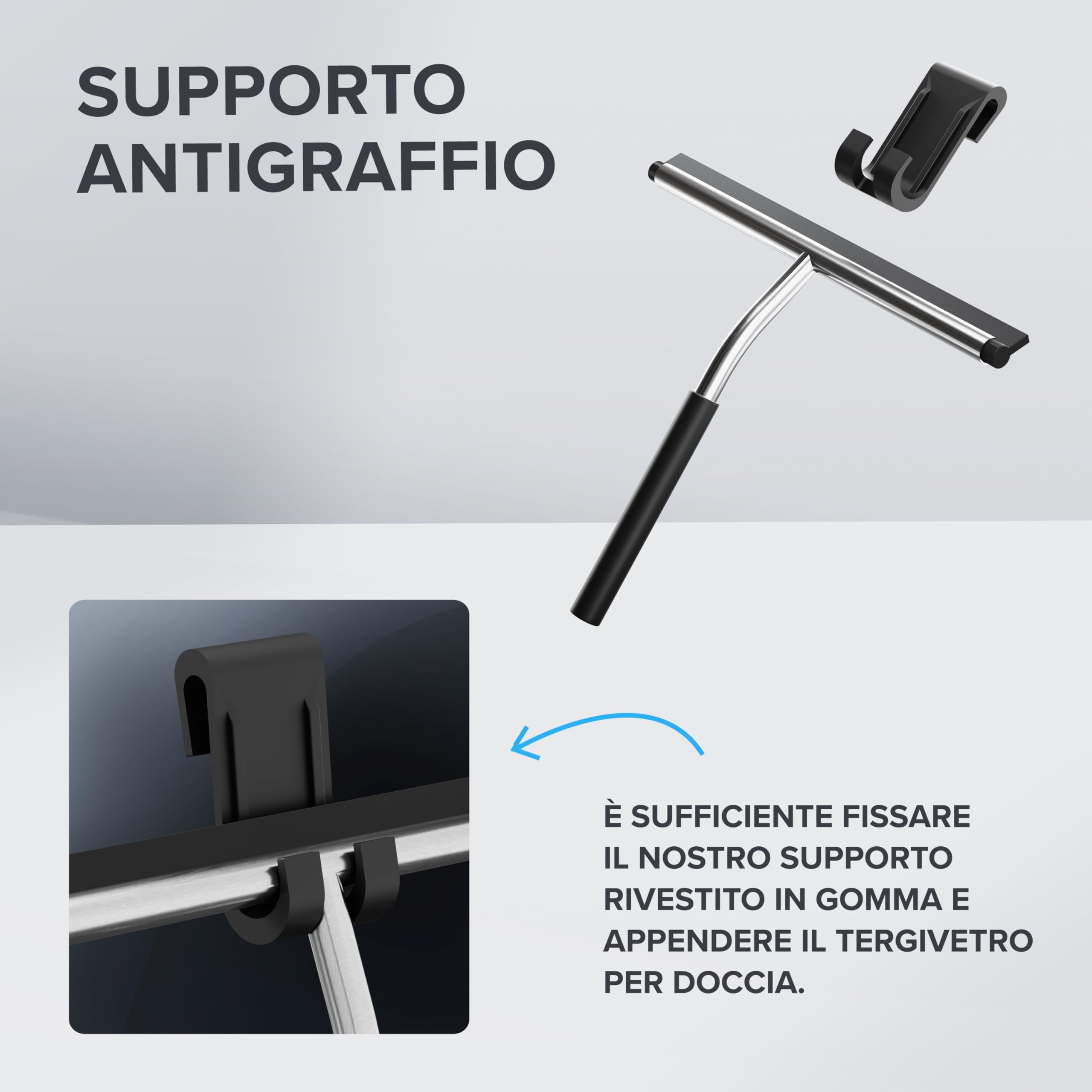 spatola per doccia ovimar Gedser | acciaio inox | nero | labbro spatola sostituibile | larghezza 26,4 cm | per la pulizia delle pareti della doccia o delle finestre - con supporto in gomma flessibile
