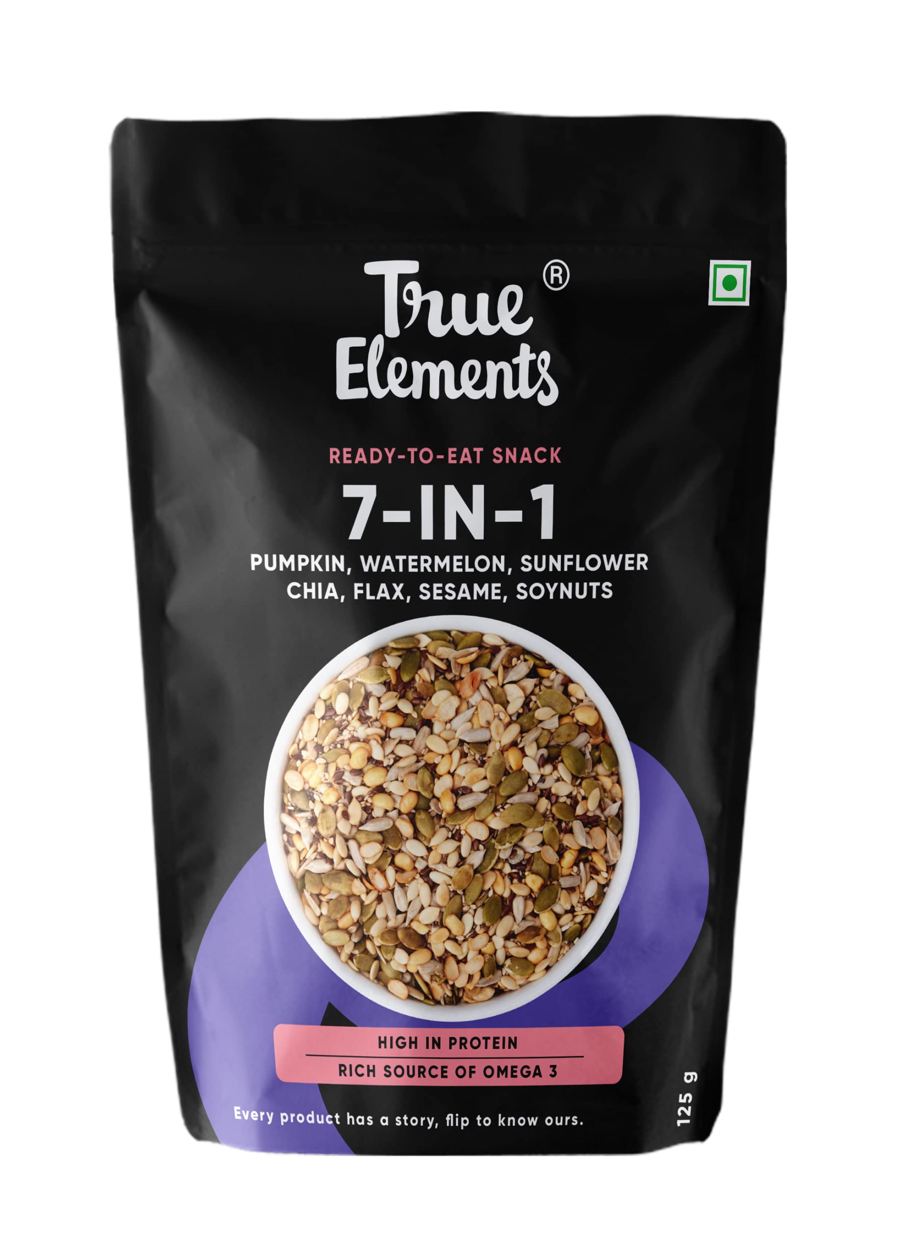 True Elements 7 in 1 Super Seeds & Nut Mix 125g - Pumpkin, Watermelon, Sunflower, Flax, Sesame, Chia Seeds & Soynuts | Mixed Seeds for Eating | Roasted Nuts | Healthy Snacks