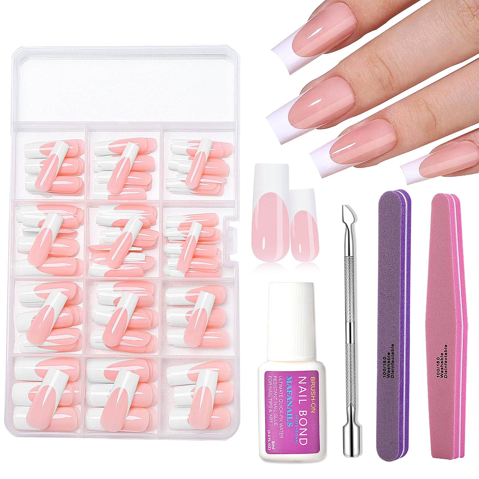Kit da 240 unghie finte finte rosa nude con punta francese, unghie finte a bara super lunghe, unghie finte resistenti con colla