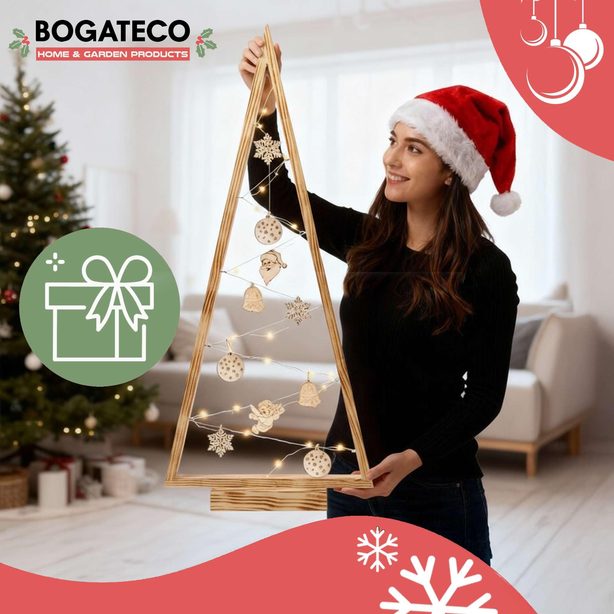 BOGATECO Árbol de Navidad de madera con iluminación LED de 104 cm de altura | Decoración de madera incluida | Decoraciones navideñas | 30 LED |
