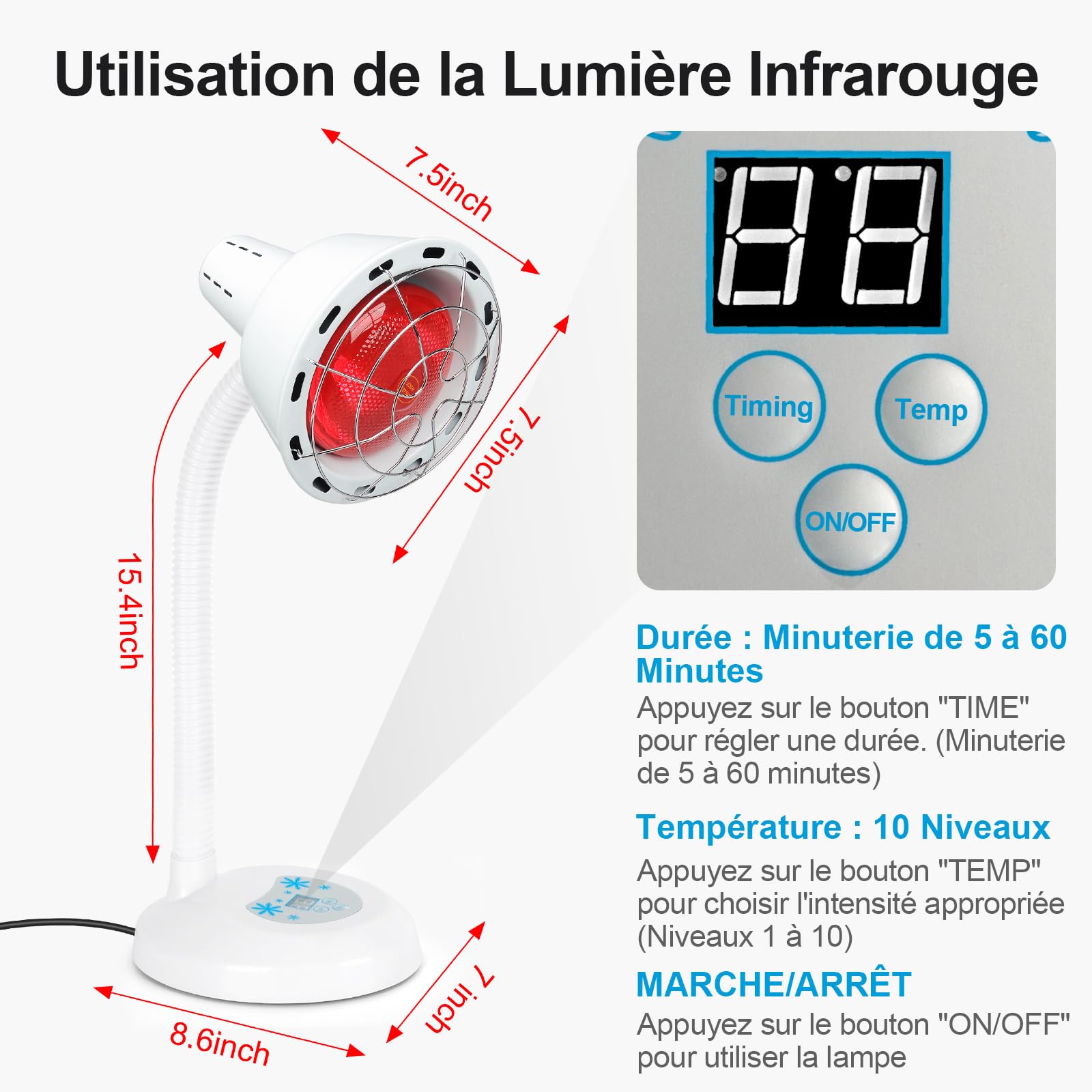 Lampe infrarouge 275W, 10 températures, minuterie | 40–100°C, 5–30 min, anti-brûlure, 360°, détente à domicile