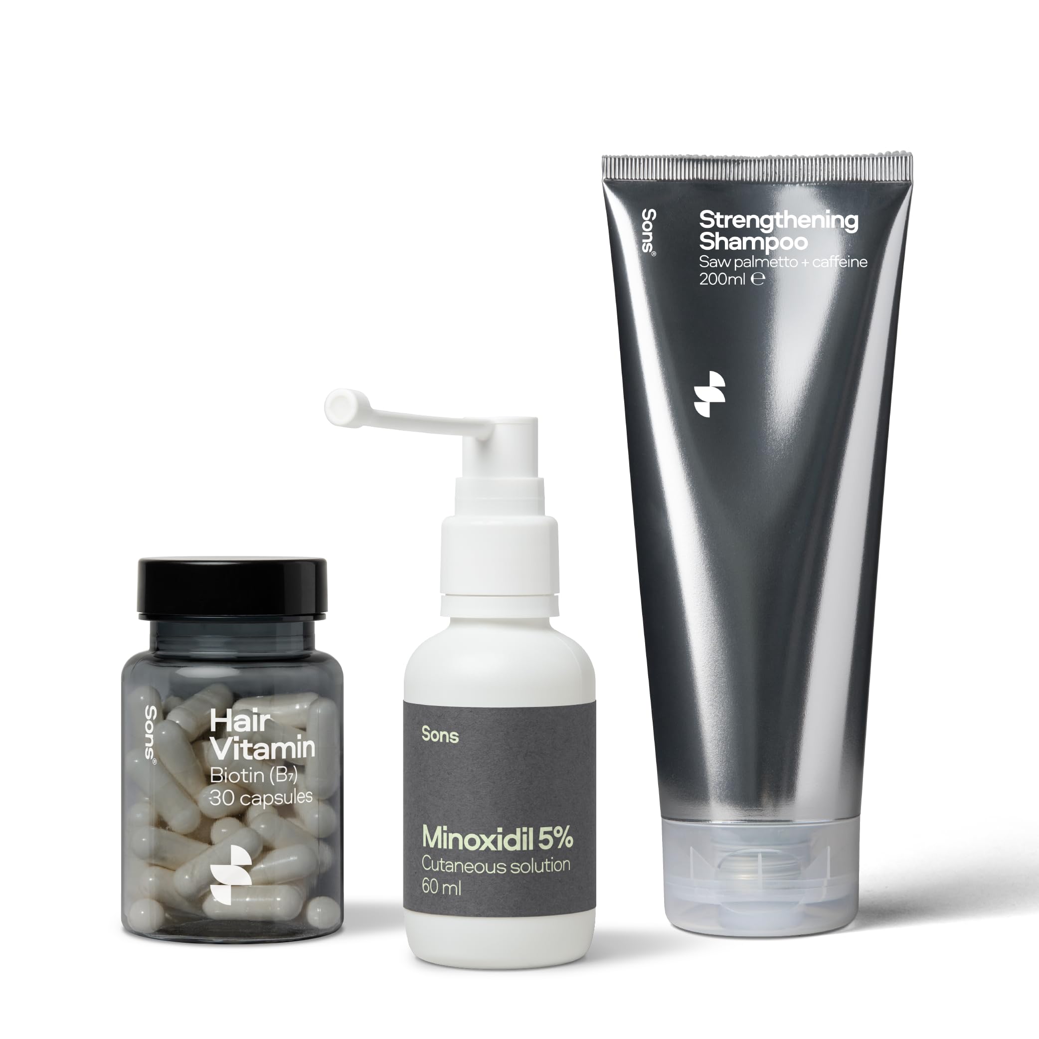 SonsComplete Hair Loss Treatment. Minoxidil 5% Hair Regrowth Treatment for Men's Hair Loss, Vegan Biotin for Hair, Skin & Nails, DHT Blocking and Thickening Shampoo. 3 Month Supply. Made in Europe.