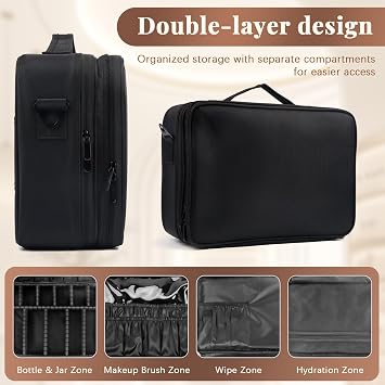 Makeup Bag Extra Large Travel Make Up Bag with Adjustable Compartment Professional Vanity Case Cosmetic Bags Makeup Organiser Bag Beauty Box Train Case Hairdressing Tools and Shoulder Strap, Black