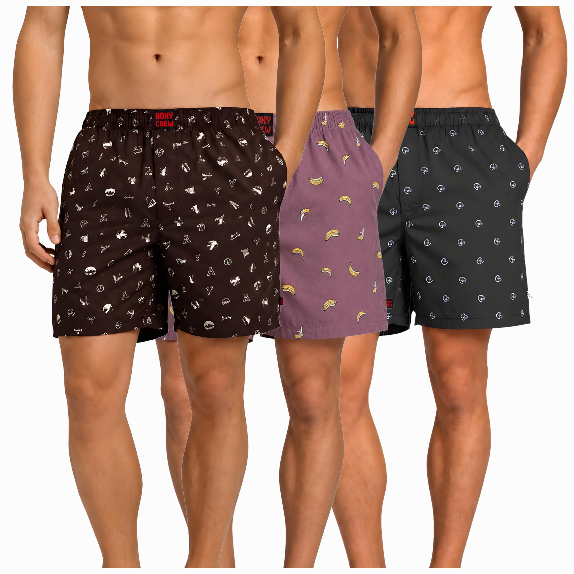 Men's 100% Cotton Boxer Shorts Pack of 3, Brown, Rose Pink & Navy Blue | Woven Boxers with Side Pockets, No-Marks Elastic Waistband, Breathable Relaxed Fit | Style 005-006-009-image-41