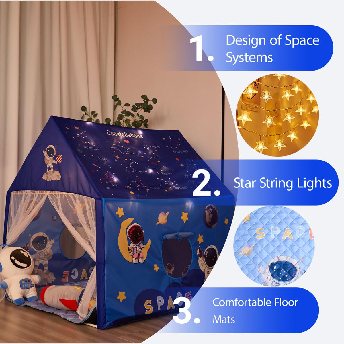 Space Rocket Ship - Tienda de campaña para niños con paspartú, luces de estrella para niños y niñas de 3 años en adelante, para interiores y exteriores, juego de tienda de campaña, tamaños de 2